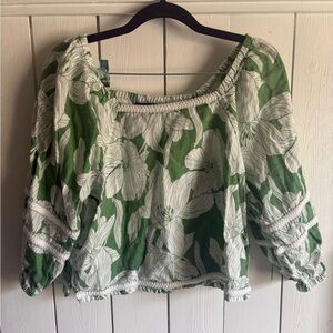 Tahari Green and White Floral Peasant Blouse